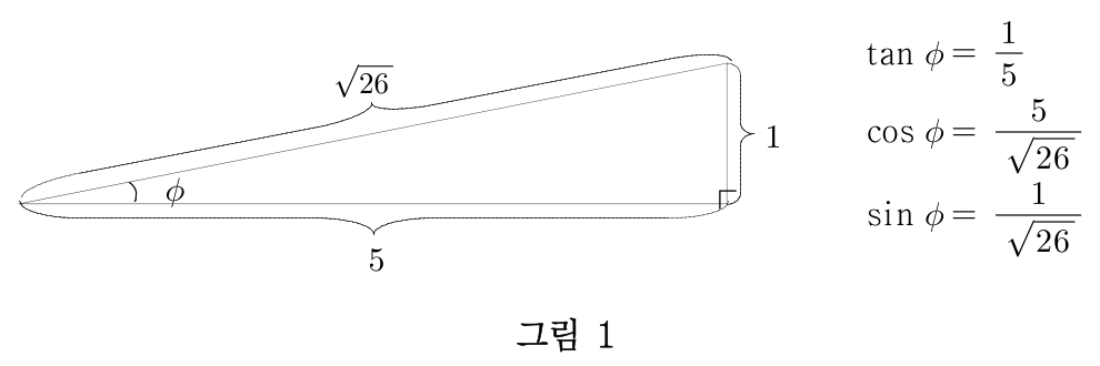 그림 1: 밑변 5, 높이 1인 직각삼각형에서 정의한 각 φ