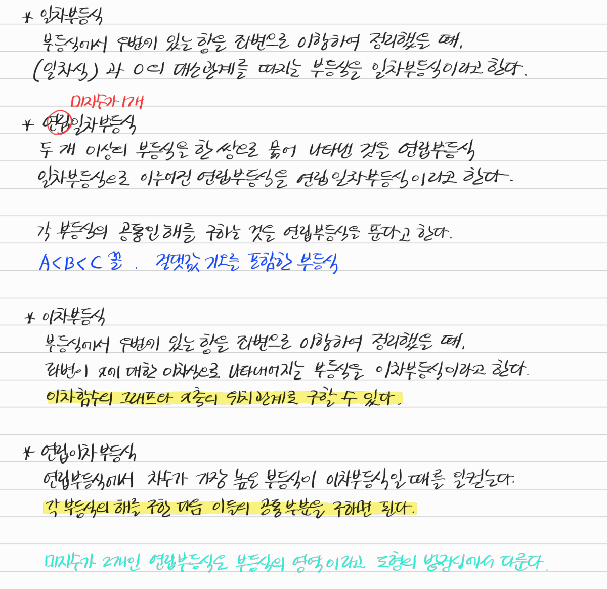 일차부등식과 이차부등식 — 수업 필기