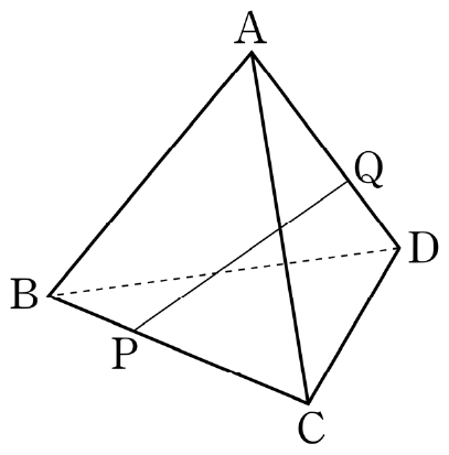 정사면체 ABCD. 모서리 BC를 1:2로 내분하는 점 P와 모서리 AD를 2:1로 내분하는 점 Q가 표시되어 있고, 두 점을 잇는 선분 PQ가 그려져 있다. 모서리 BD는 점선이다.