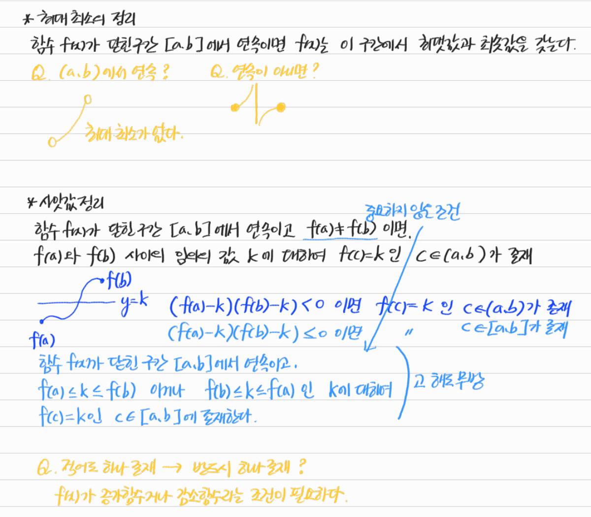 최대·최소 정리와 사잇값 정리 — 수업 필기