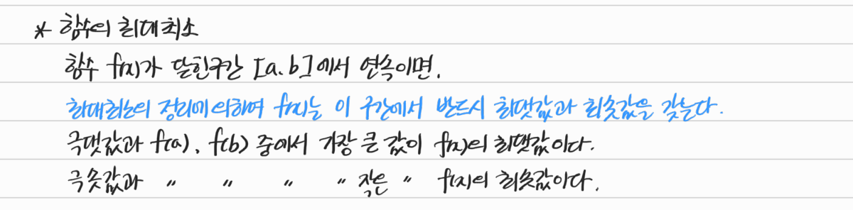 닫힌구간에서 극값과 양 끝값을 비교하여 최대·최소 구하기 — 수업 필기
