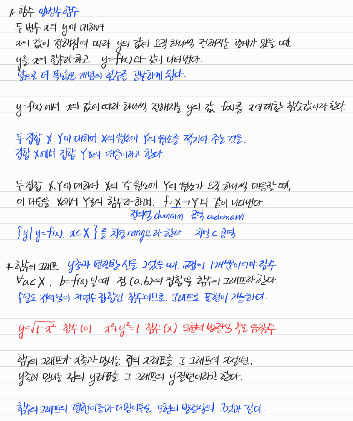 함수, 정의역·공역·치역과 그래프 — 수업 필기