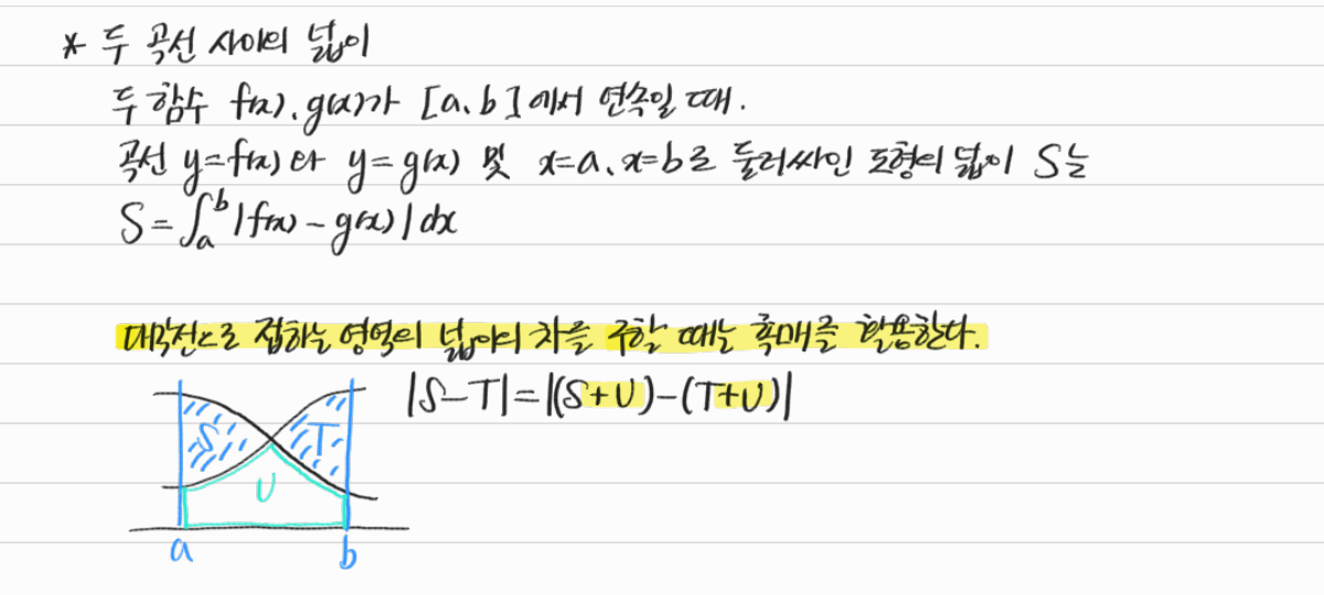 두 곡선 사이의 넓이와 정적분의 차 — 수업 필기