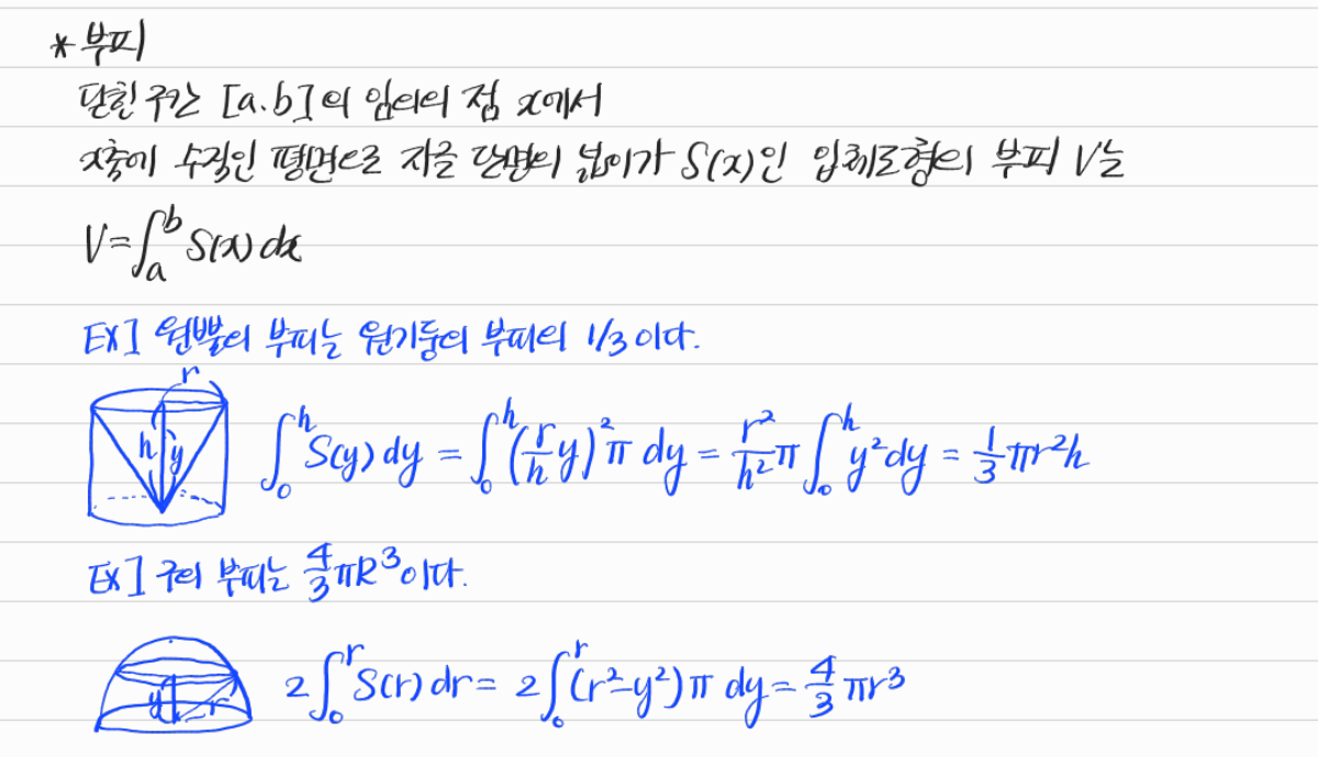 단면의 넓이를 적분하여 부피 구하기와 원뿔·구의 예제 — 수업 필기