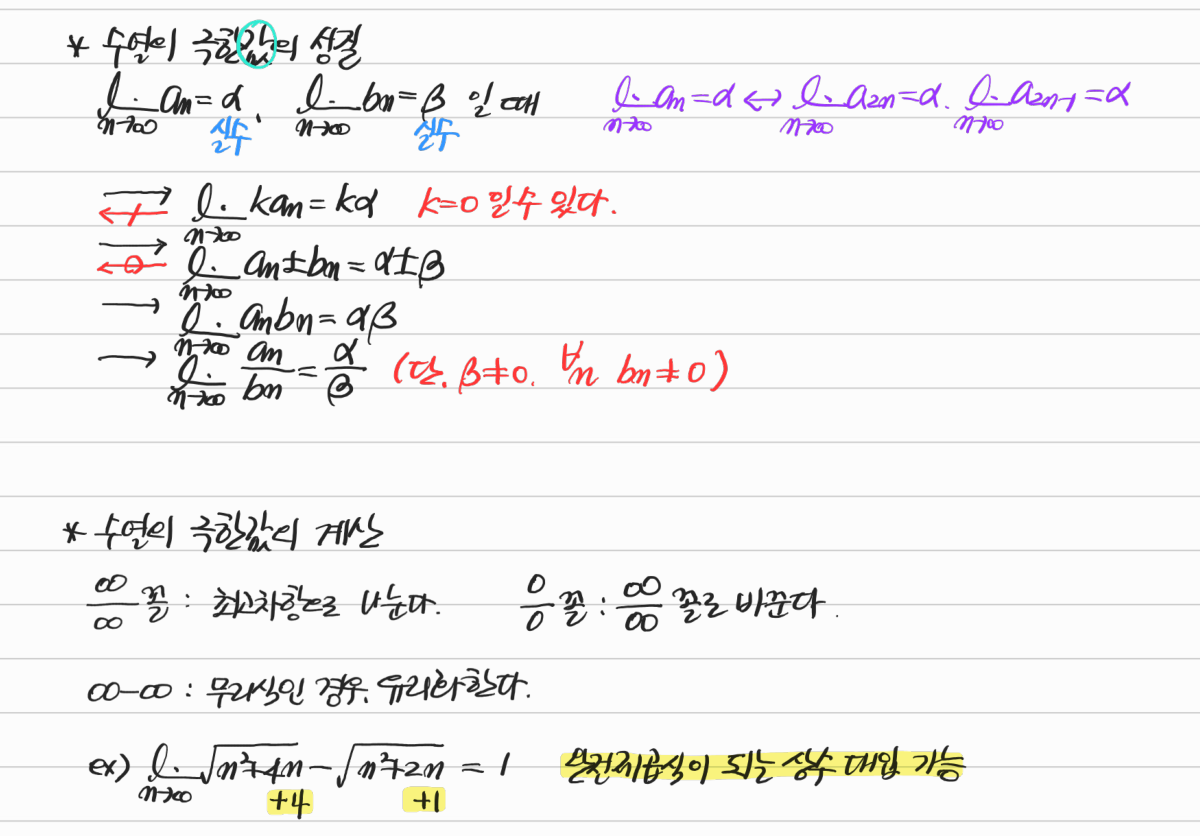 수열의 극한값의 성질과 계산 — 수업 필기