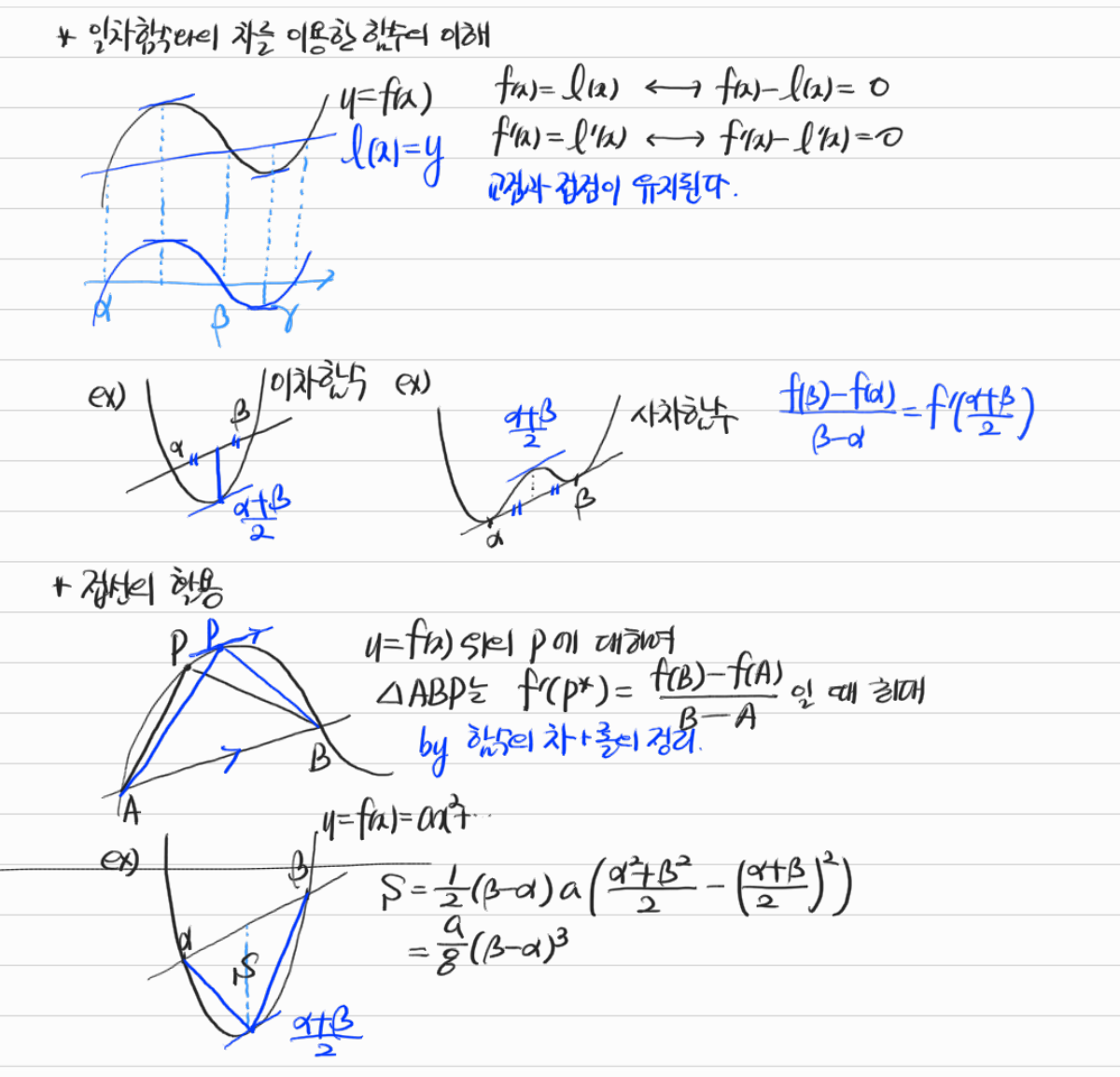 일차함수의 차를 이용한 해석과 접선의 활용 — 수업 필기