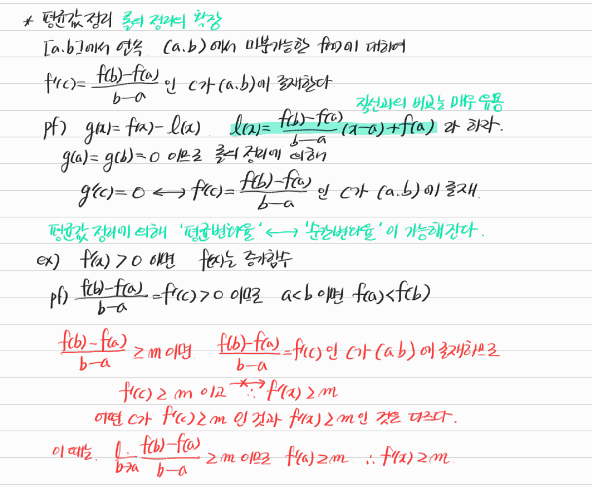 평균값 정리와 증명 및 활용 — 수업 필기