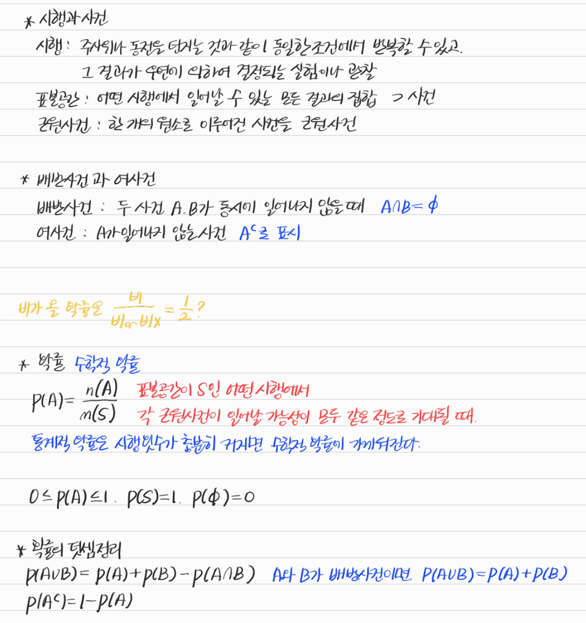 시행과 사건, 확률의 뜻과 덧셈정리 — 수업 필기