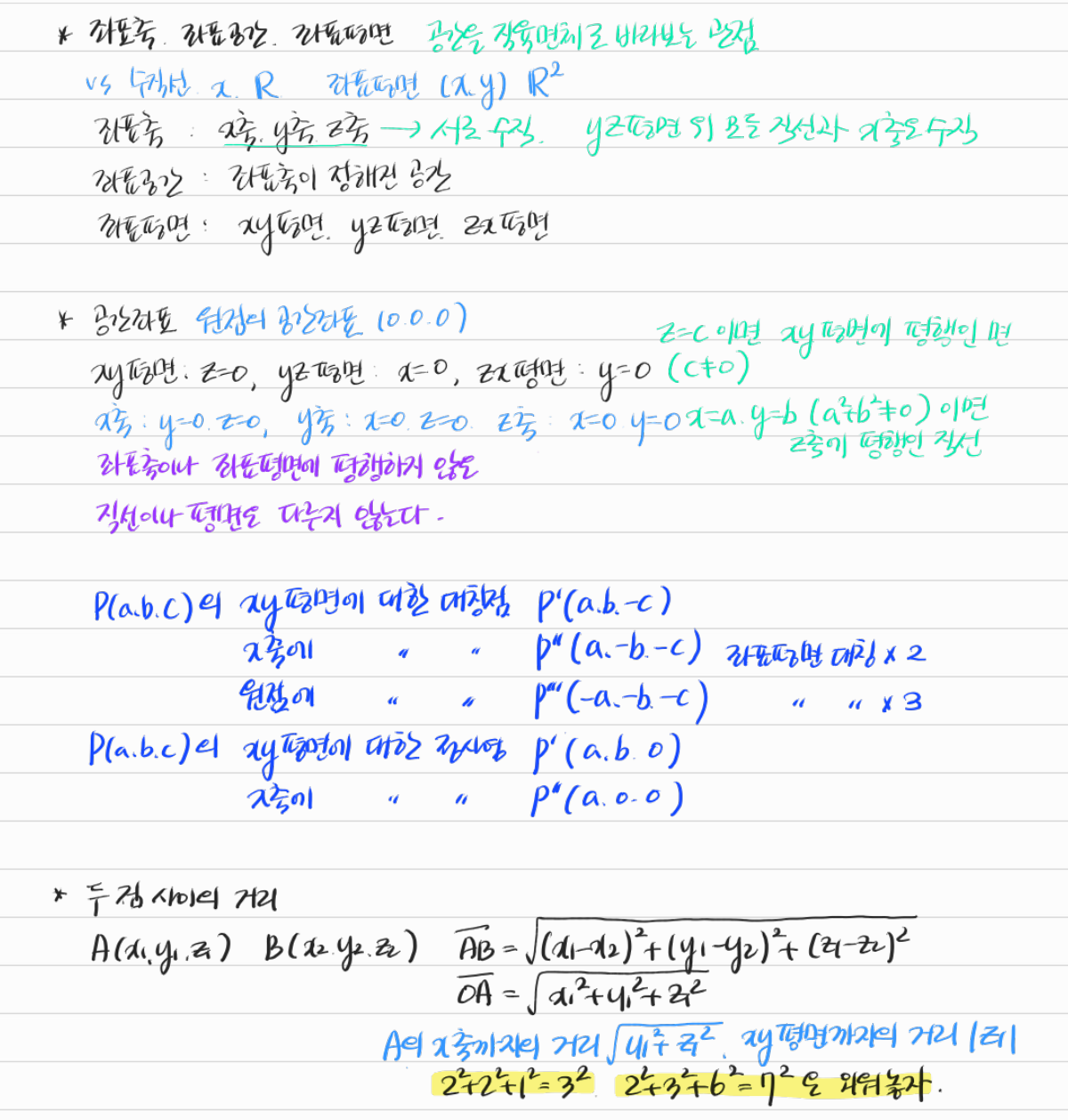 공간좌표, 대칭점과 정사영, 두 점 사이의 거리 — 수업 필기