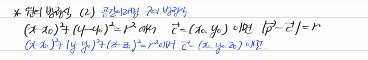 성분으로 나타낸 원과 구의 방정식 — 수업 필기