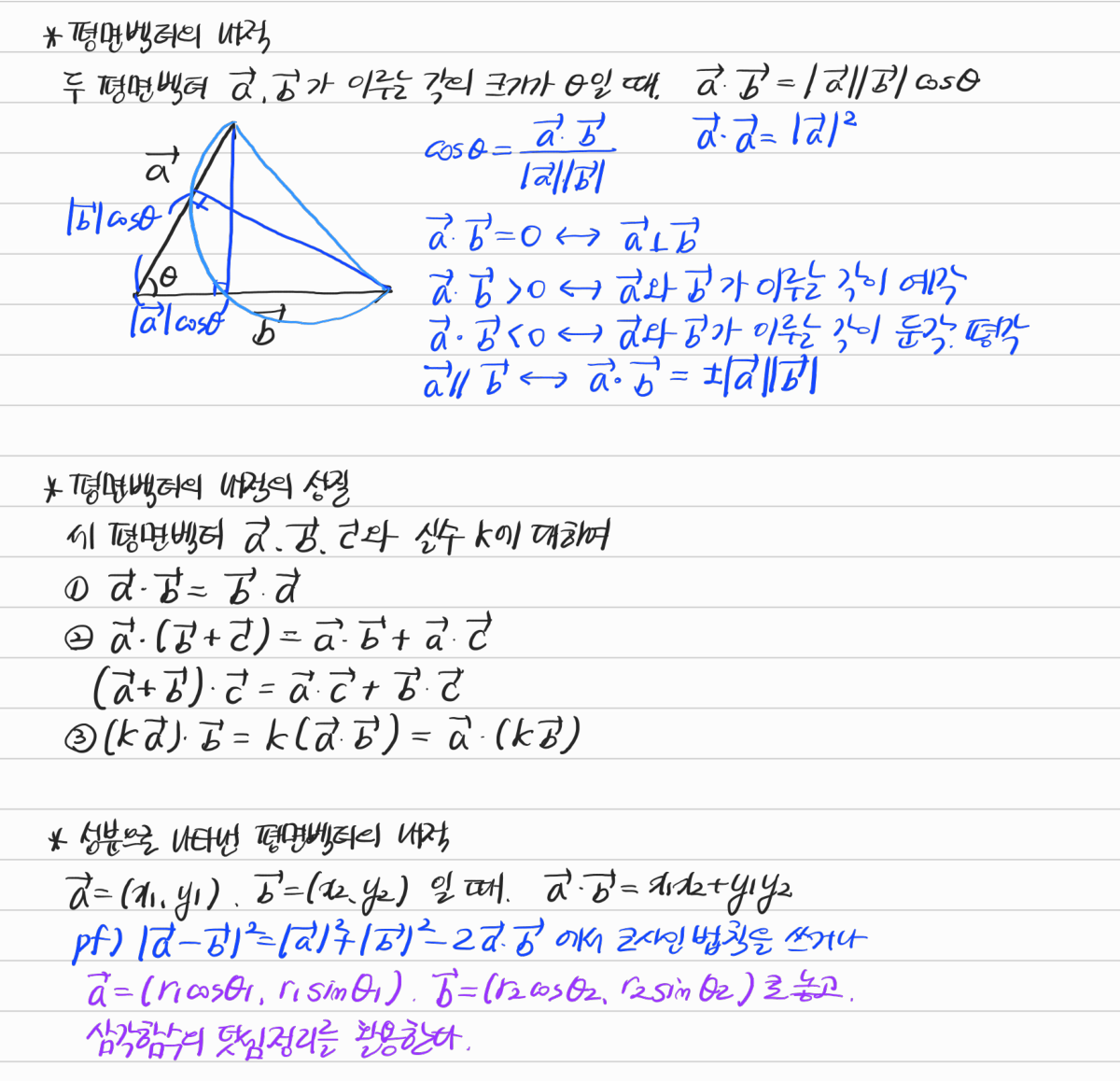 벡터의 내적과 성분을 이용한 계산 — 수업 필기