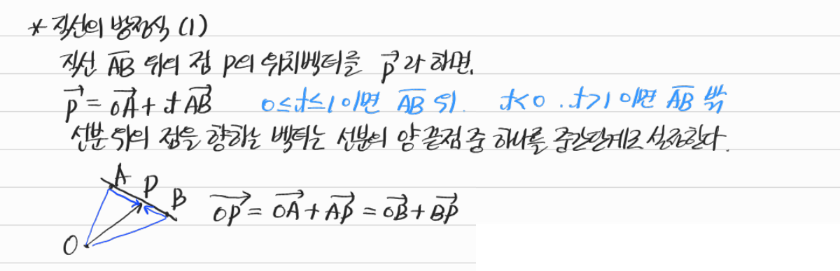 위치벡터로 나타낸 직선의 방정식 — 수업 필기