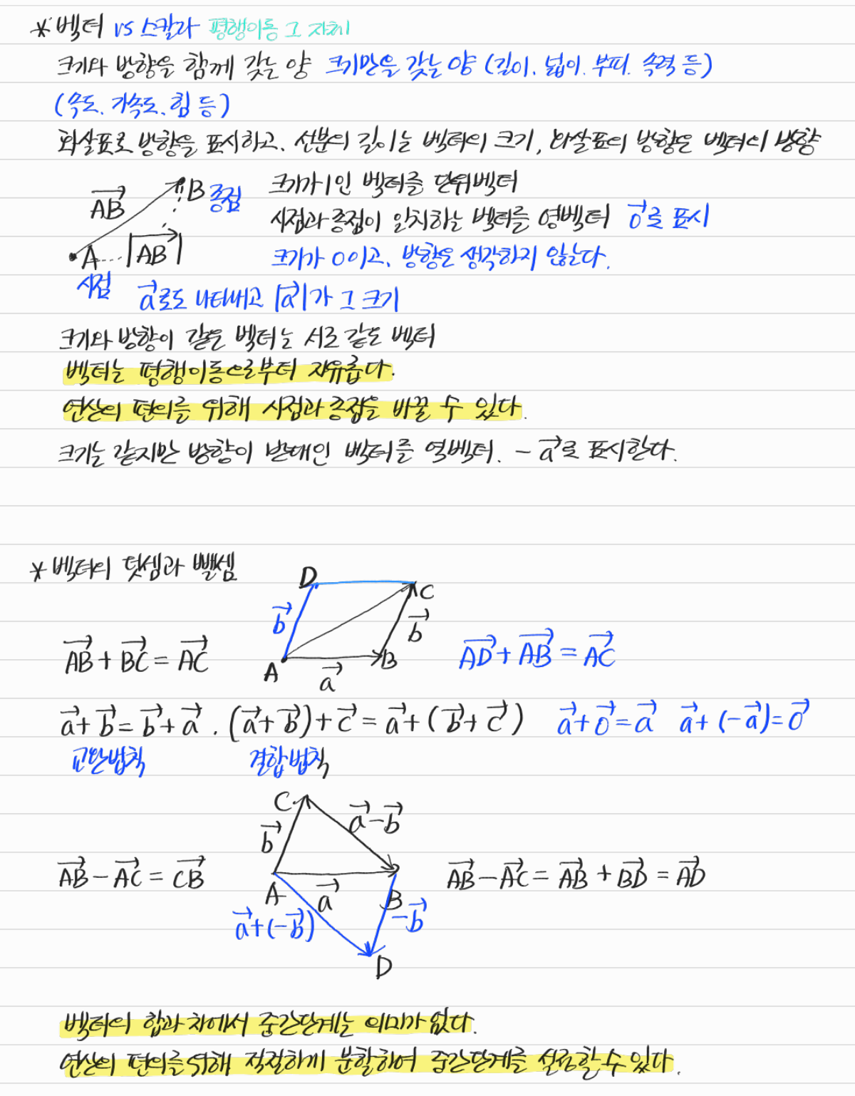 벡터와 스칼라, 벡터의 덧셈과 뺄셈 — 수업 필기