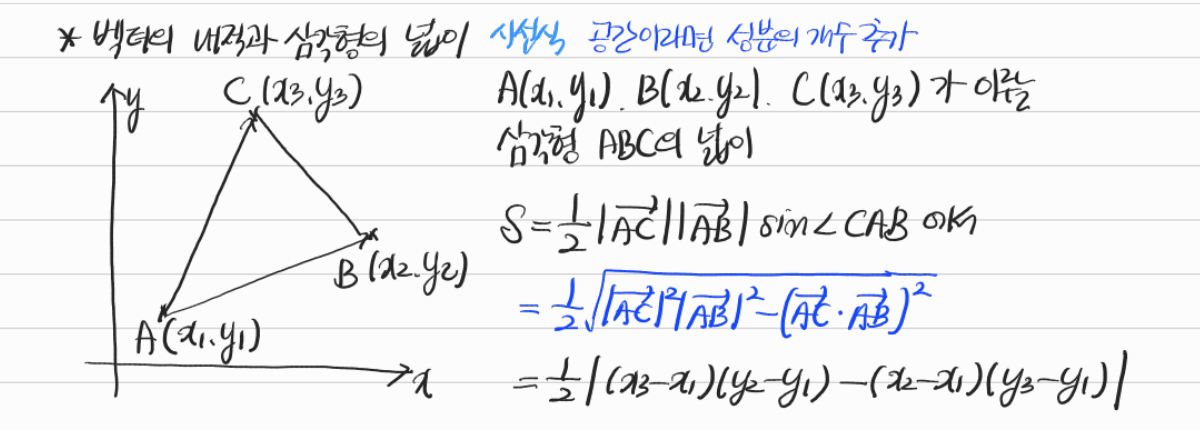 벡터의 내적과 삼각형의 넓이 — 수업 필기