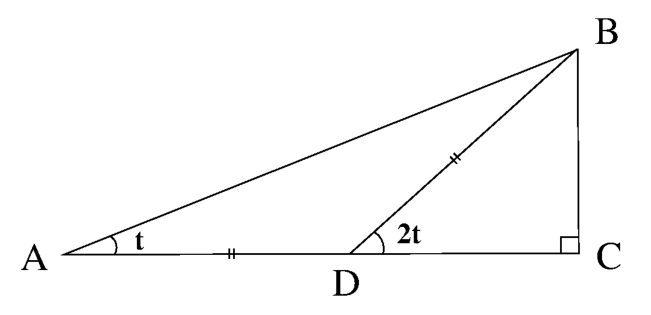 AD=BD인 직각삼각형 ABC와 각 t, 2t