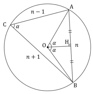 변의 길이가 n-1, n, n+1인 삼각형 ABC와 외접원