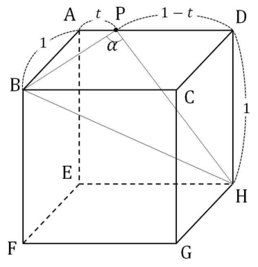 선분 AP=t와 각 BPH=α를 표시한 정육면체