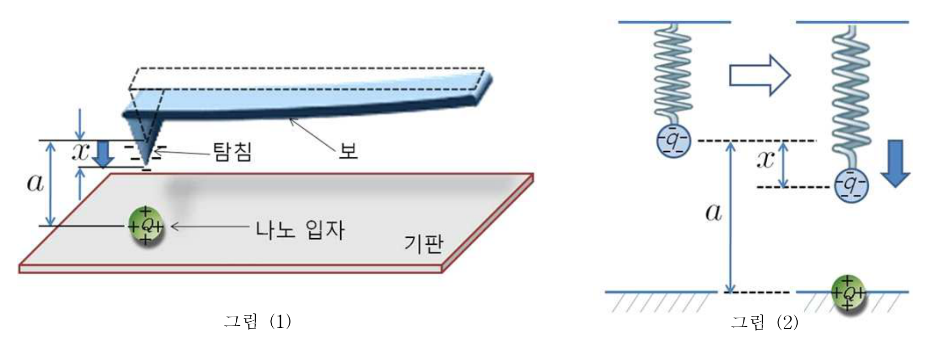 정전기력 현미경 탐침과 나노 입자 사이 초기 거리 a, 탐침 이동 거리 x 및 용수철 모형