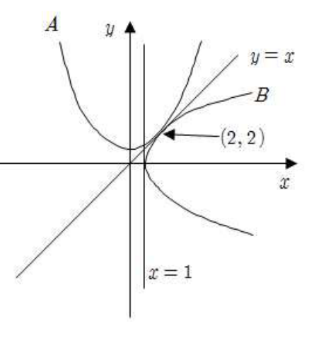 서로 대칭인 포물선 A와 B, 직선 y=x 및 접점 (2,2)