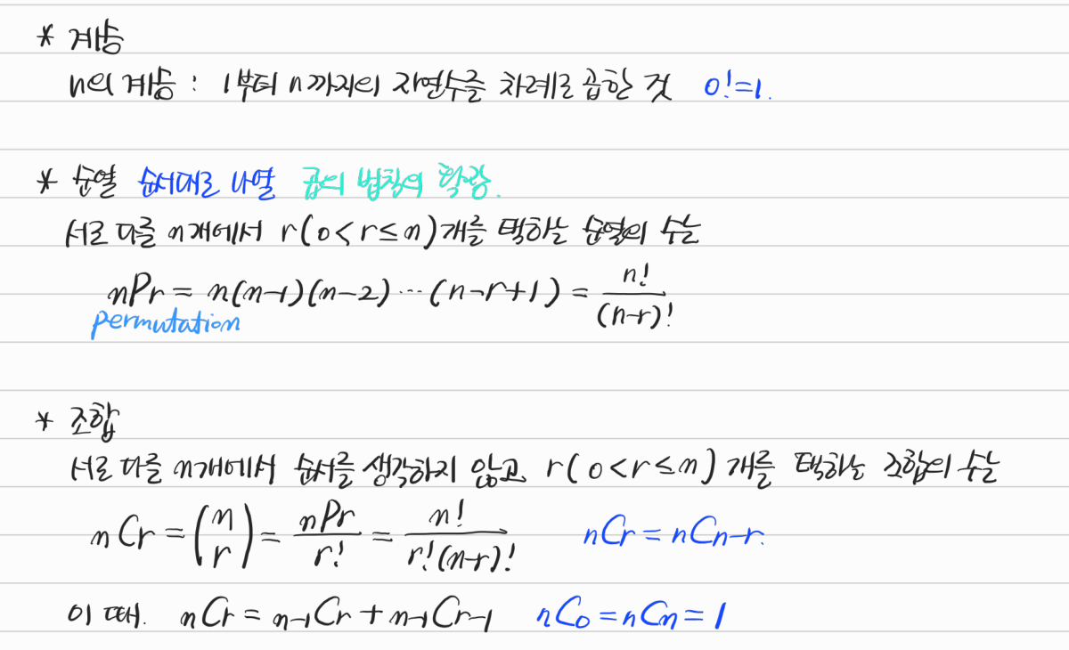 계승, 순열과 조합의 정의 및 공식 — 수업 필기