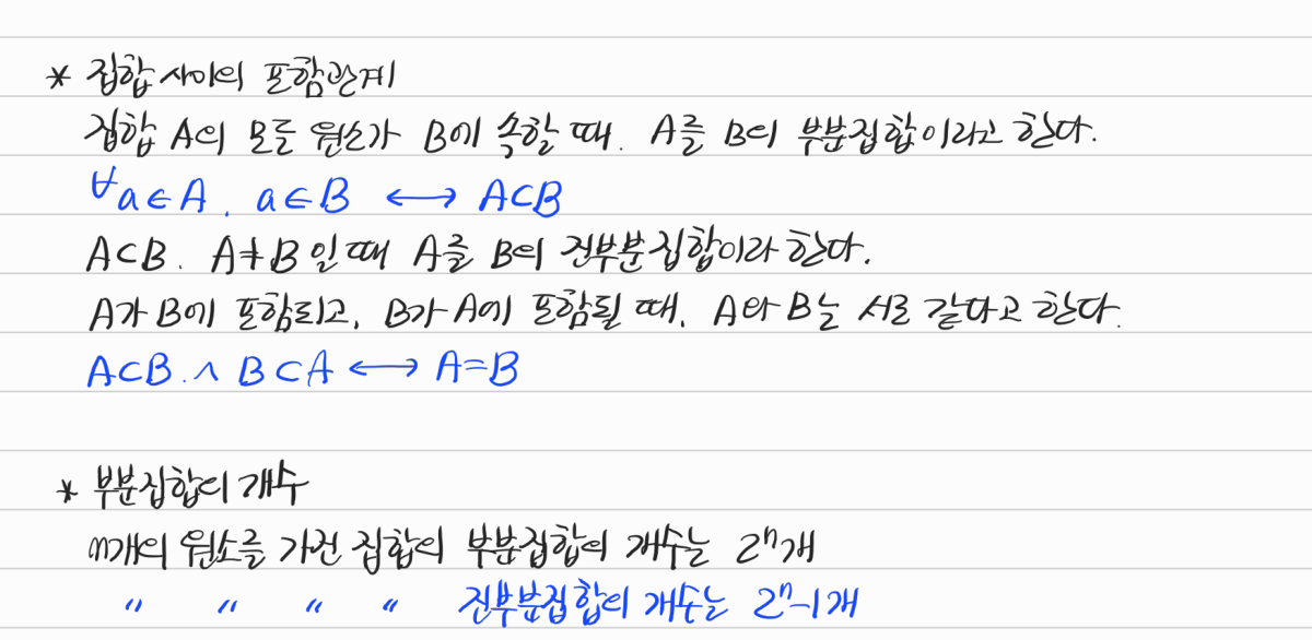 집합의 포함관계와 부분집합의 개수 — 수업 필기