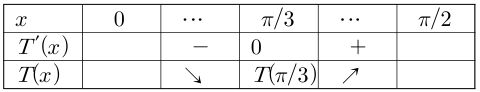 T는 x=π/3까지 감소하고 그 뒤 증가하는 증감표