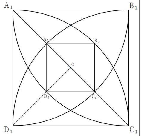 대각선의 교점 O와 정사각형 A2B2C2D2 및 서로 닮은 삼각형 OD2C2, OD1C1