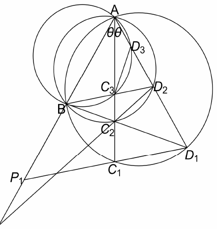 점 A, B와 귀납적으로 정의된 점 C₁, C₂, C₃, D₁, D₂, D₃, 그리고 직선 AB와 직선 CₙDₙ의 교점 P₁, P₂를 여러 외접원과 함께 그린 그림.