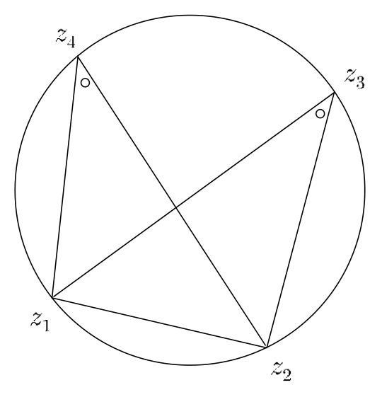 한 원 위의 네 점 z₁, z₂, z₃, z₄와, 현 z₁z₂에 대한 두 원주각이 같음을 표시한 그림