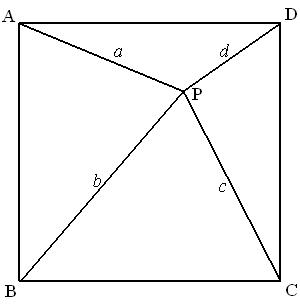 정사각형 ABCD 내부의 점 P와 각 꼭짓점에 이르는 거리 a, b, c, d
