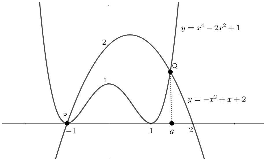 곡선 y=x⁴−2x²+1과 y=−x²+x+2를 한 좌표평면에 그린 그림. 두 곡선은 x좌표가 −1인 점 P와 1과 2 사이의 x좌표 a인 점 Q에서 만난다.